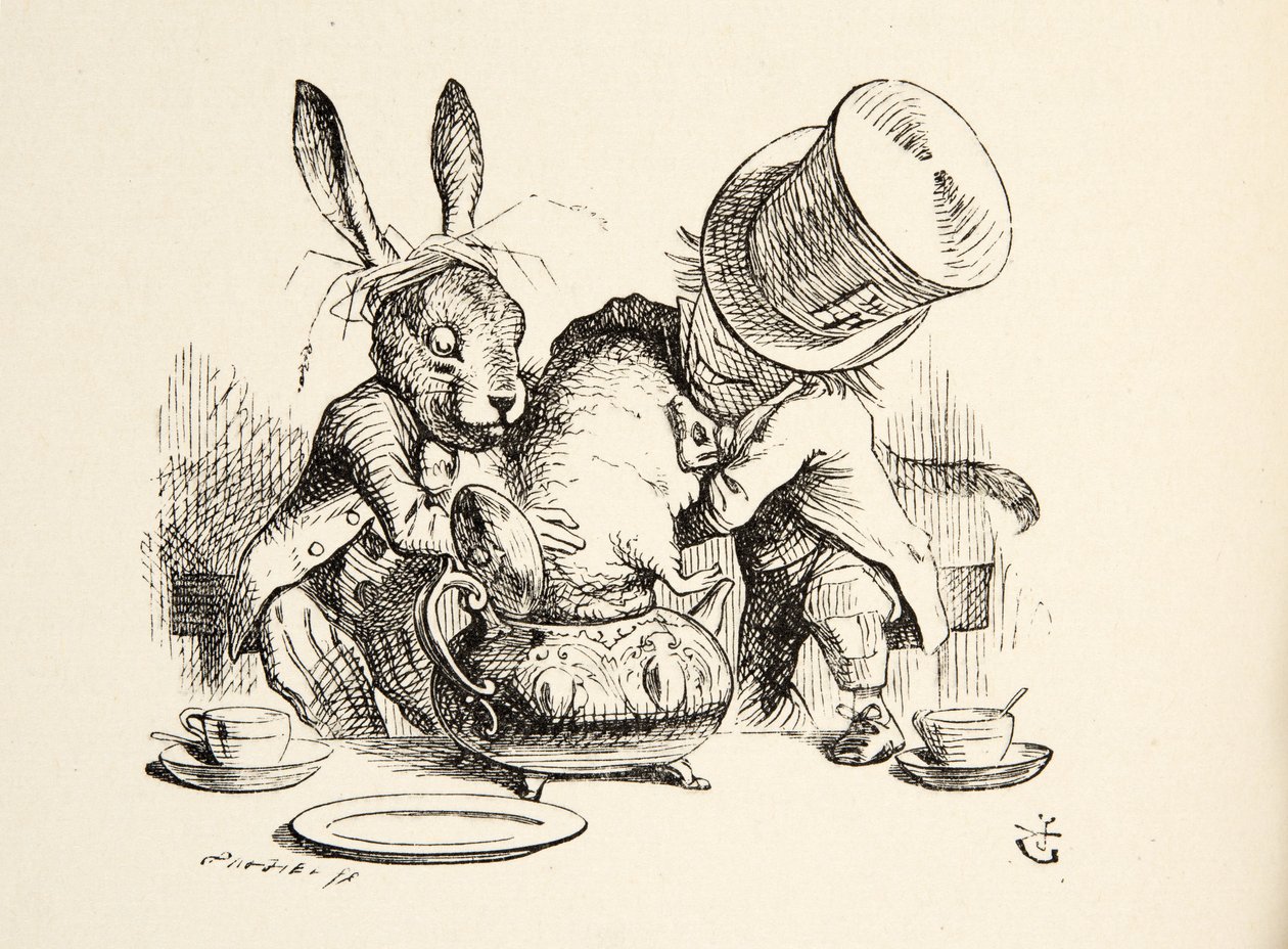 Šílený kloboučník a březnový zajíc vkládající plcha do konvice, z Alenky v říši divů od Lewise Carrolla (1832 - 98), hospoda. 1891 od John Tenniel