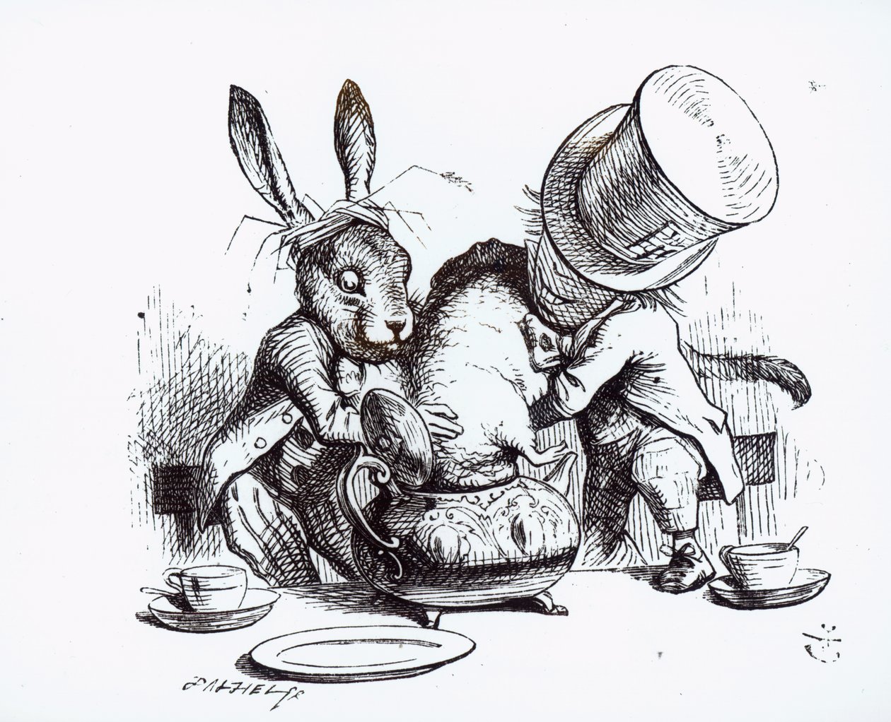 Šílený kloboučník a březnový zajíc vkládající plcha do konvice, ilustrace z 