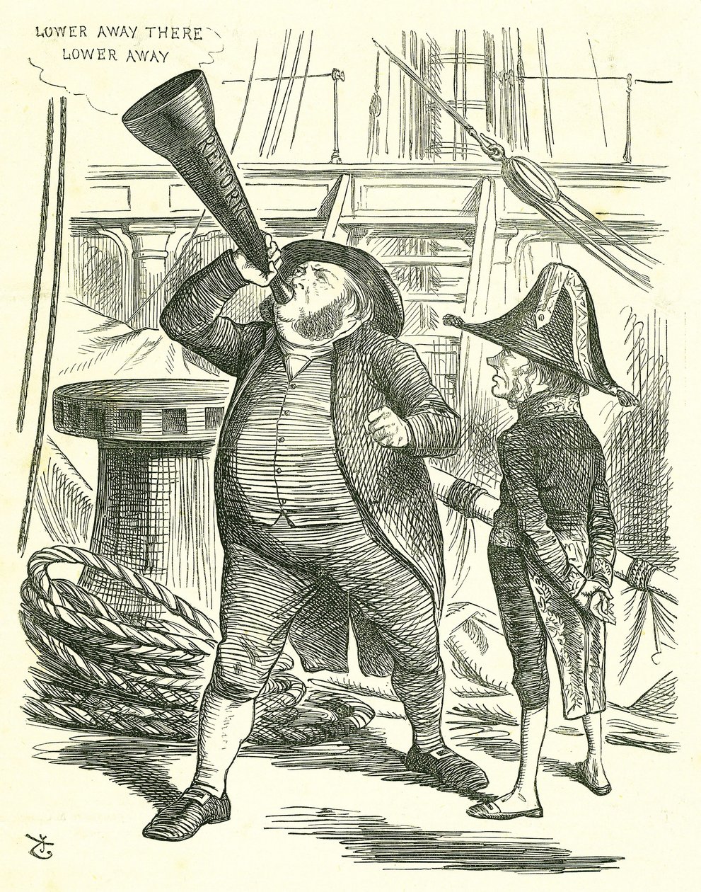 The Officious Passenger: Reform of Parliament - rozšíření franšízy. Předseda vlády, lord John Russell, žádá Johna Brighta, aby přestal vytrubovat reformní zákon. Russell poražen parlamentem o reformě zákona v květnu 1866. John Tenniel karikatura fr od John Tenniel