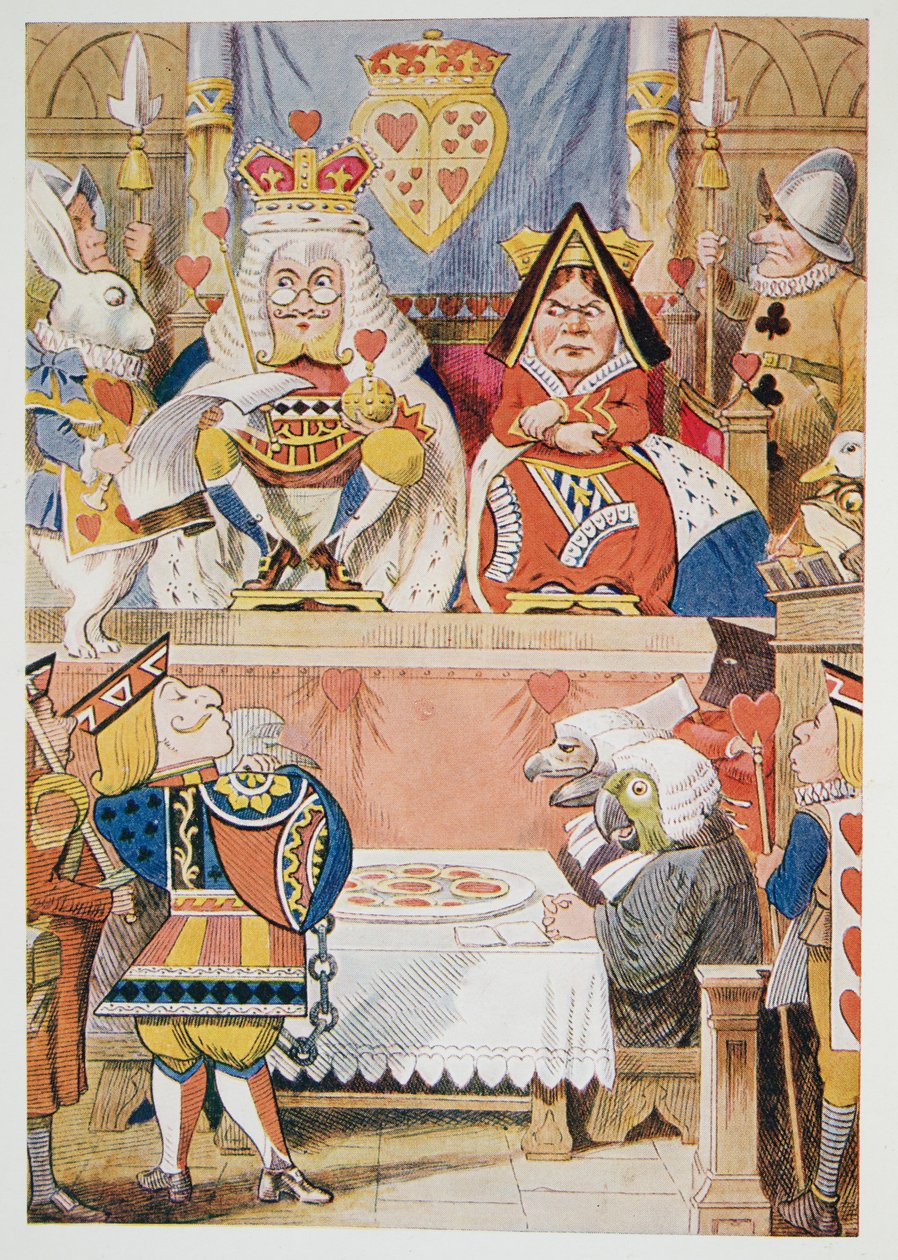 The Trial of the Knave of Hearts, z Alenky Adventures In Wonderland And Through The Looking-Glass And What Alice There Found, Lewis Carroll (1832 - 98), vydáno 1911 (barevná litografie) od John Tenniel