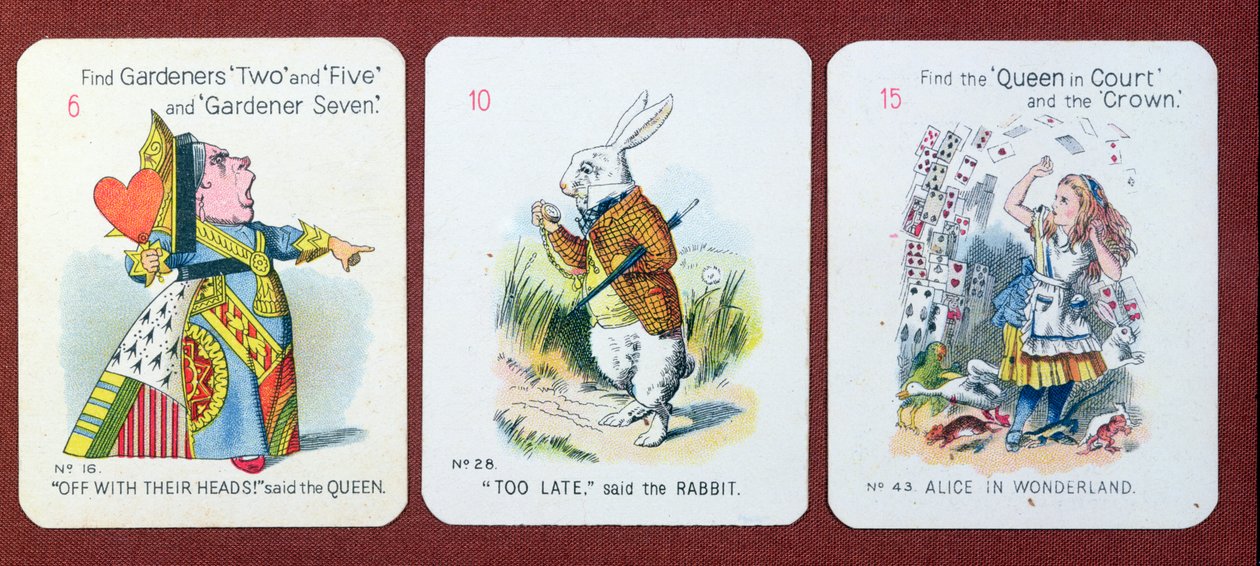 Tři karty „Happy Family“ zobrazující postavy z „Alenka v říši divů“ od Lewise Carrolla od John Tenniel