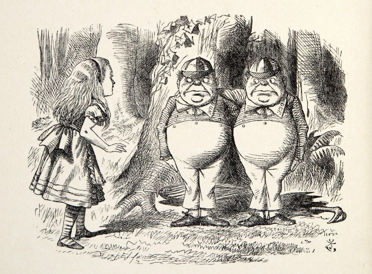 Tweedledum a Tweedledee, ilustrace z knihy Through the Looking Glass, Lewis Carroll (1832 - 98), 1872 od John Tenniel