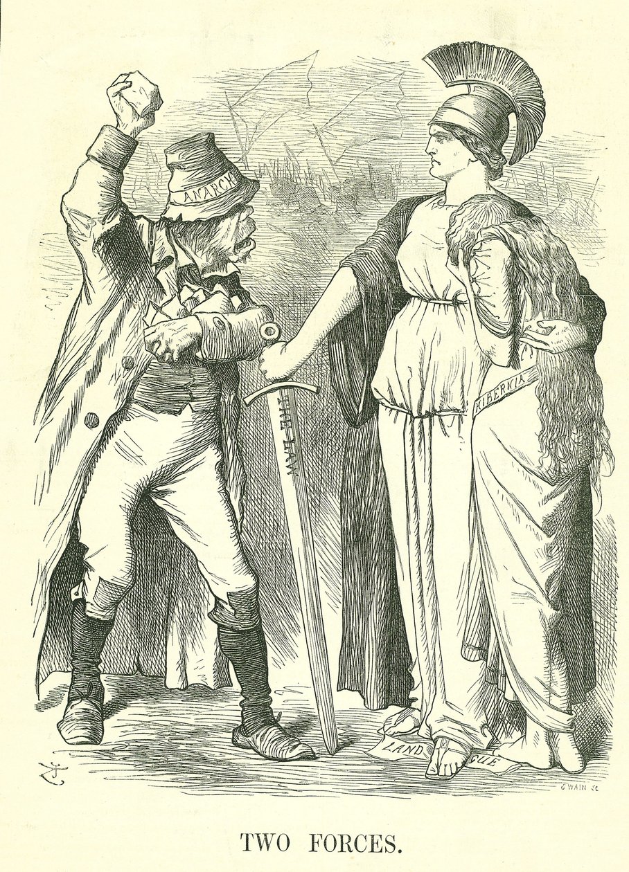 Dvě síly: Irská zemská liga postavena mimo zákon. Britannia chrání Hibernii (Irsko) silou zákona proti síle anarchie. John Tenniel karikatura z Punch, Londýn, 29. října 1881. od John Tenniel