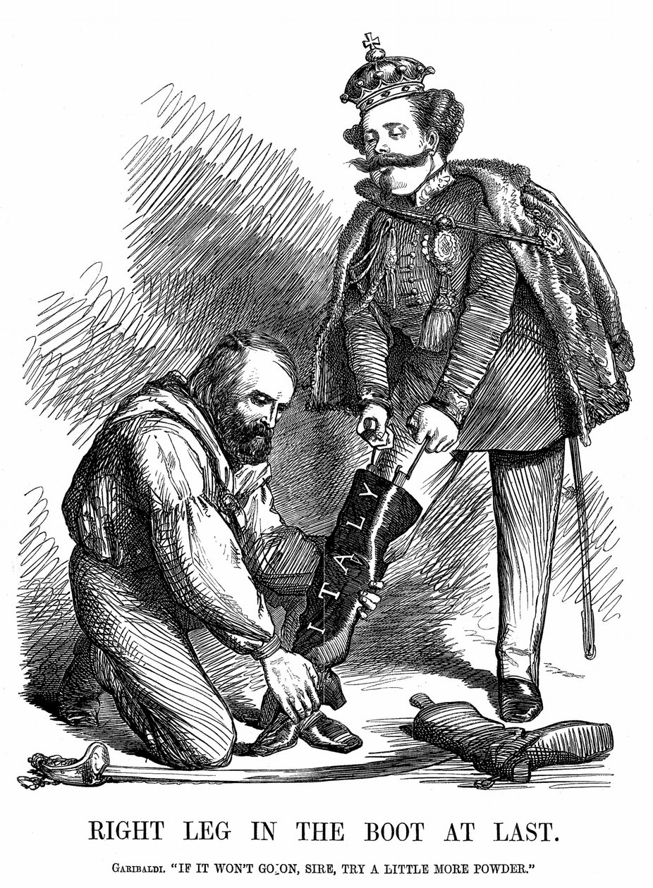 Sjednocení Itálie: Giuseppe Garibaldi (1807-1882) pomáhá Viktoru Emanuelovi II. (1820-78) nazouvat botu Itálie. John Tenniel karikatura z Punch, Londýn od John Tenniel