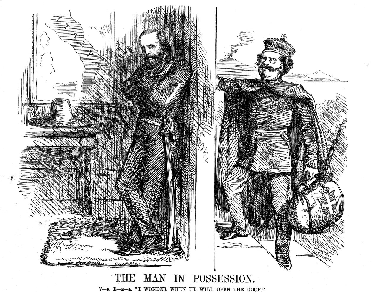 Viktor Emmanuel II klepe na dveře Neapole, 1861 od John Tenniel