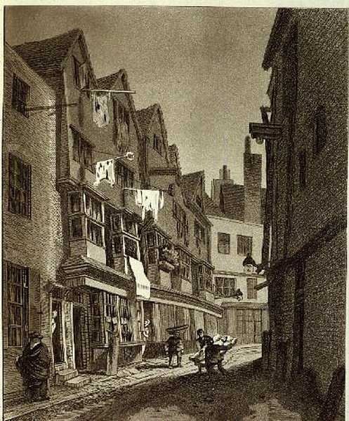 "Pohled na jižní konec Thieving Lane (z posledních let nazývaný Bow Street)...", nakresleno 1807, vyryto W.M. Kolegové, hospoda. 1807 (rytina) od John Thomas (after) Smith