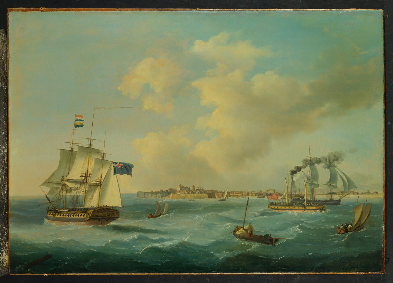 Fregata se 44 děly, osobní kolesový parník a další lodě z přístavu St.Peter, Guernsey, 1825 od John Thomas Serres