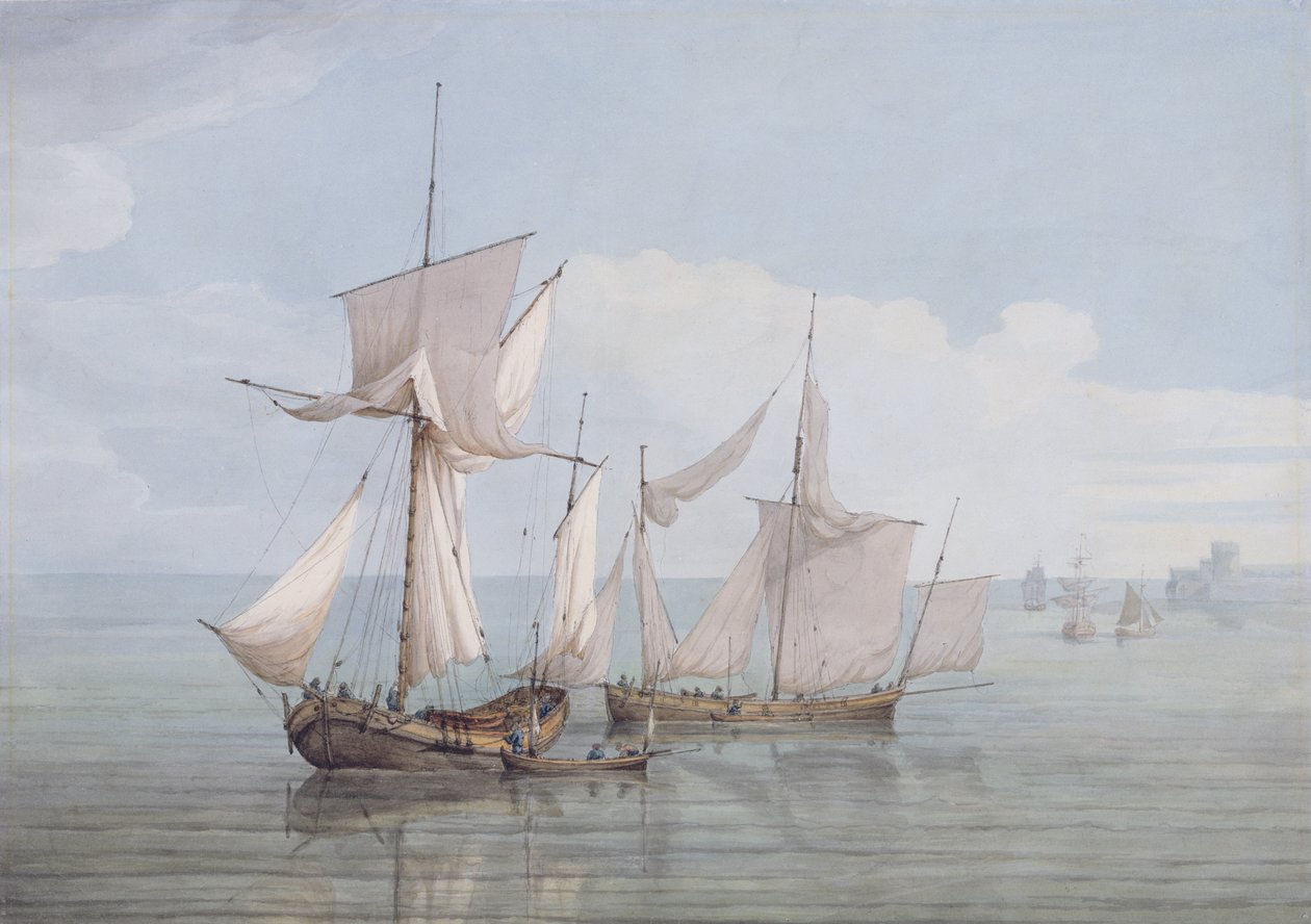 Hoy a Lugger s další zásilkou na klidném moři (wc, pero a černý inkoust na tkaném papíře) od John Thomas Serres