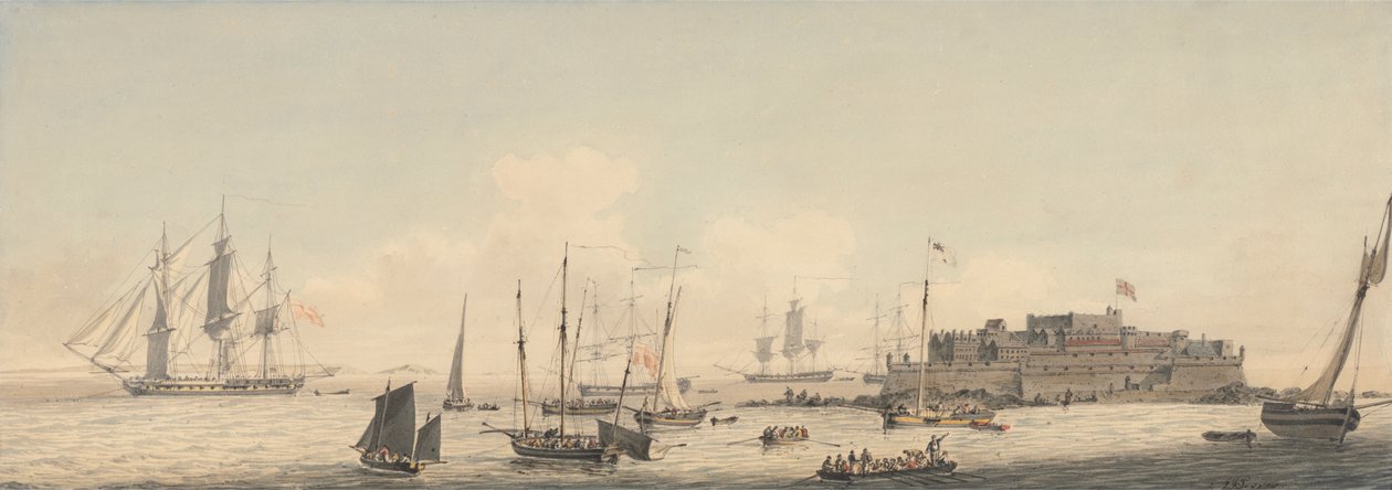 Pohled na Castle Cornet, Guernsey, Normanské ostrovy, s dopravou od John Thomas Serres