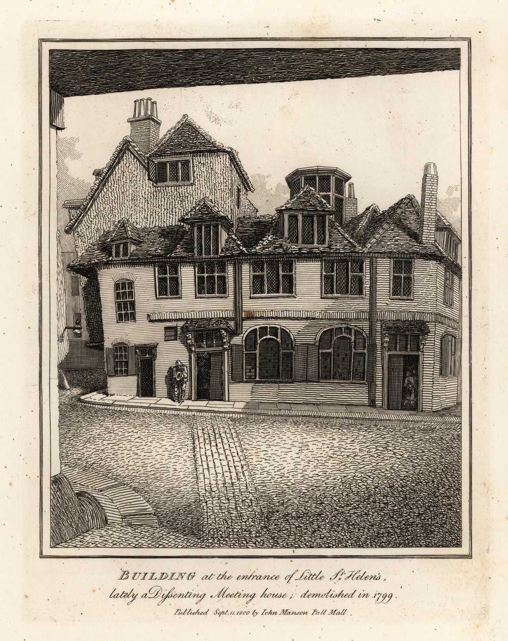 Budova u vchodu do Little St Helen’s, v poslední době Dům nesouhlasných setkání, zbořený v roce 1799 od John Thomas Smith