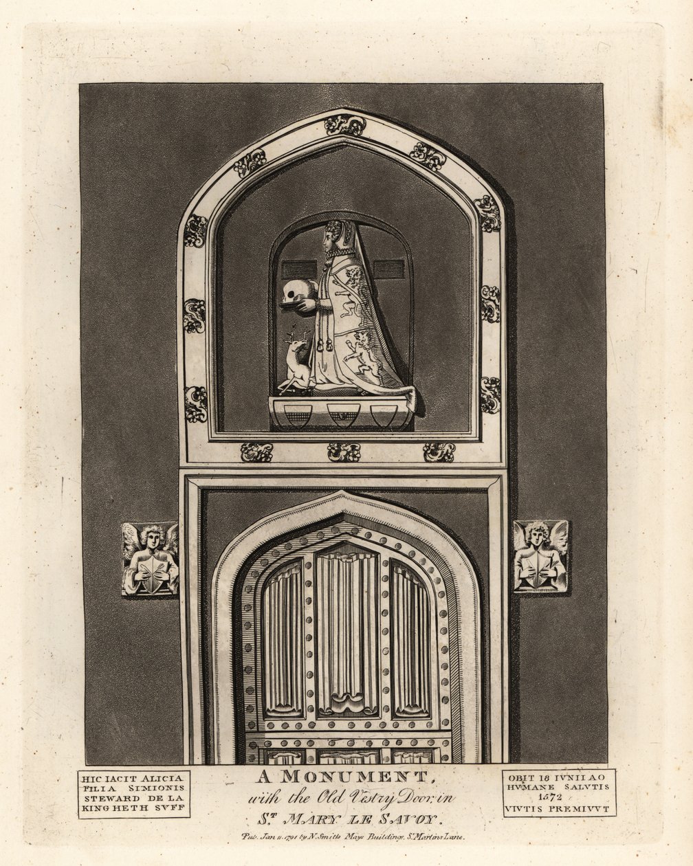 Hrobová podobizna Alicie, dcery Simona Stewarda, se starou sakristií v St Mary le Savoy od John Thomas Smith