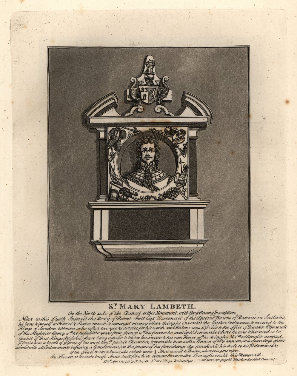 Hrobová podobizna Roberta Scotta, armádního důstojníka ve švédských a dánských službách a vojenského vynálezce, zemřel 1631, St Mary Lambeth od John Thomas Smith