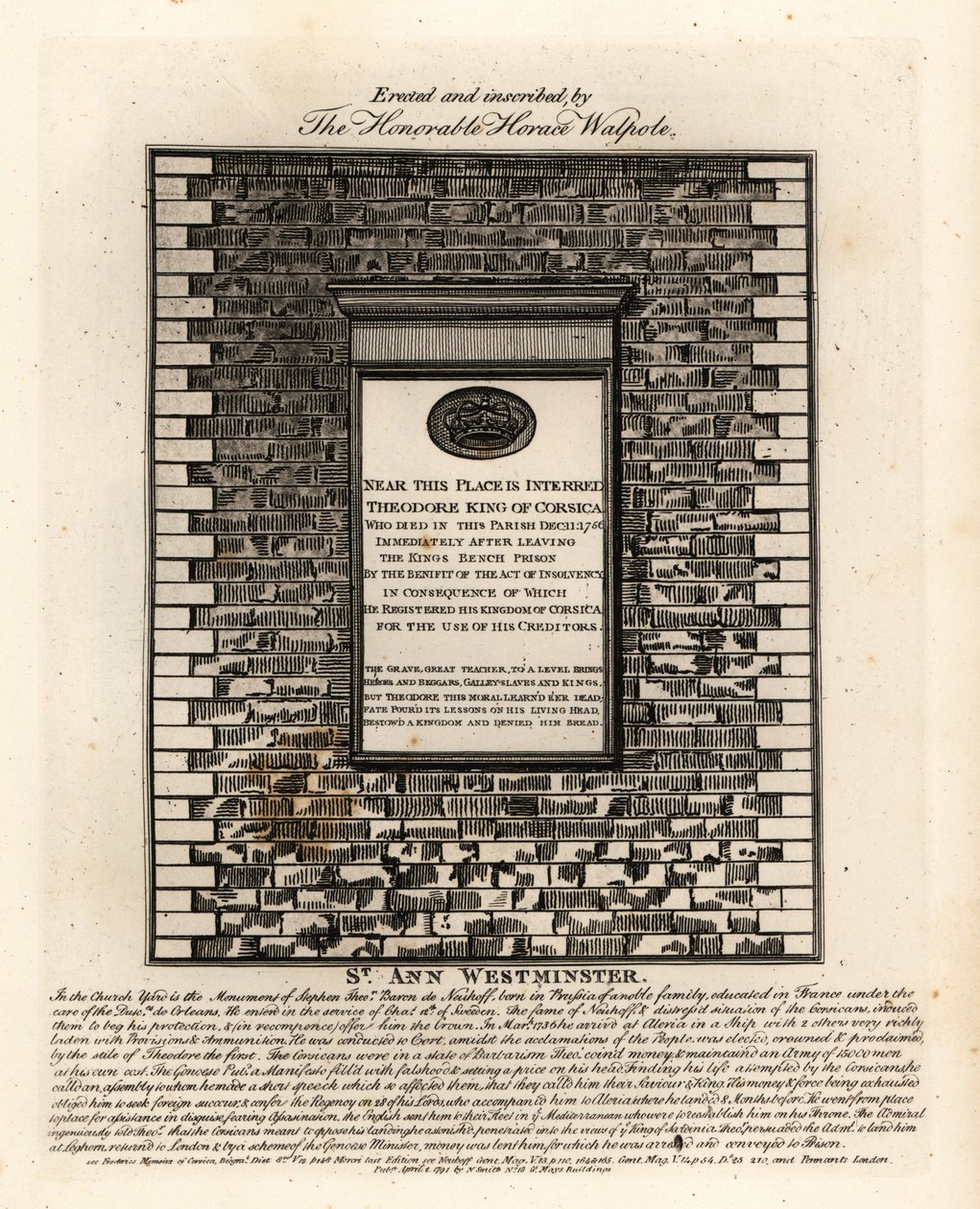 Hrobový pomník Theodora I. Korsického, Theodora Stephana Freiherra von Neuhoffa od John Thomas Smith