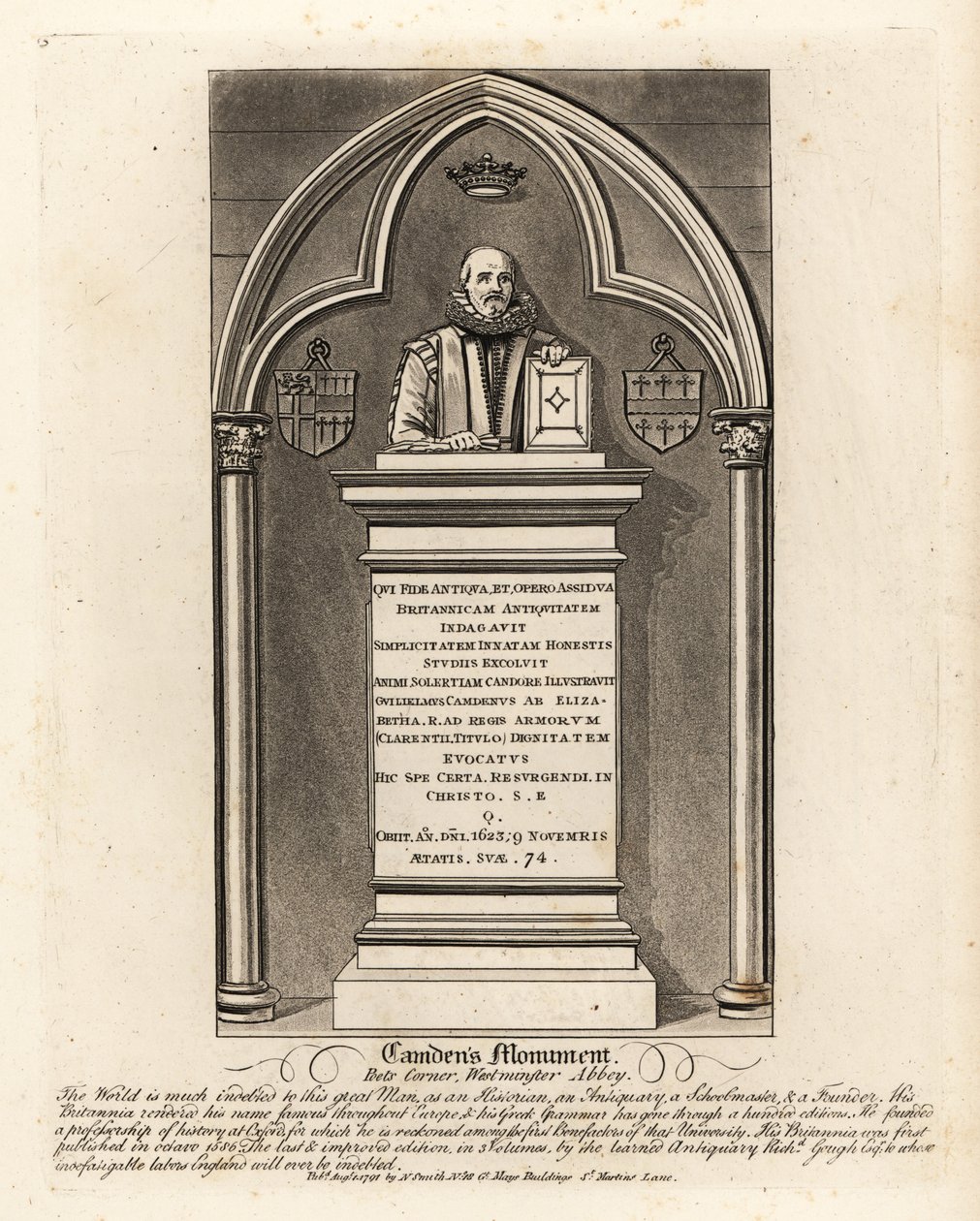 Hrobový pomník alžbětinského starožitníka a herolda Williama Camdema, zemřel 1623, v Poets Corner, Westminster Abbey od John Thomas Smith