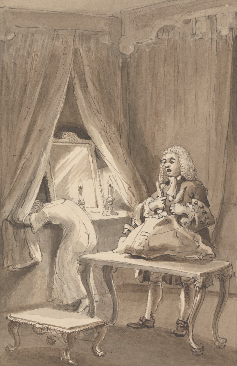 Hogarth poté, co si jeho žena oblékla novou noční košili, svázal své věci, aby je poslal Siru Jamesi Thornhillovi, s dopisem, ve kterém mu řekl: „Vzal svou dceru bez haleny k ní A--e od John Thomas Smith