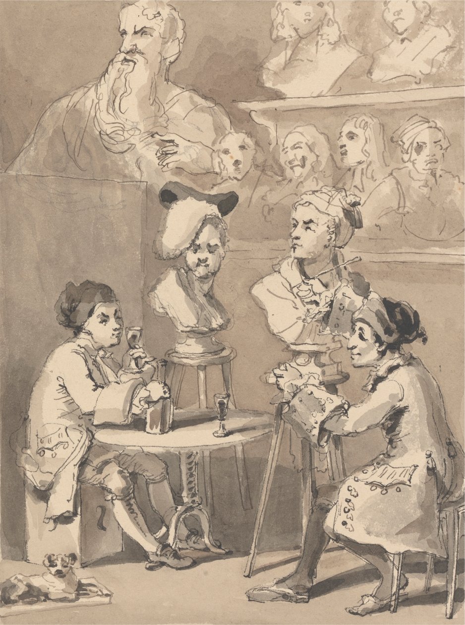 Hogarth sedí u Roubiliaca pro svou bustu od John Thomas Smith