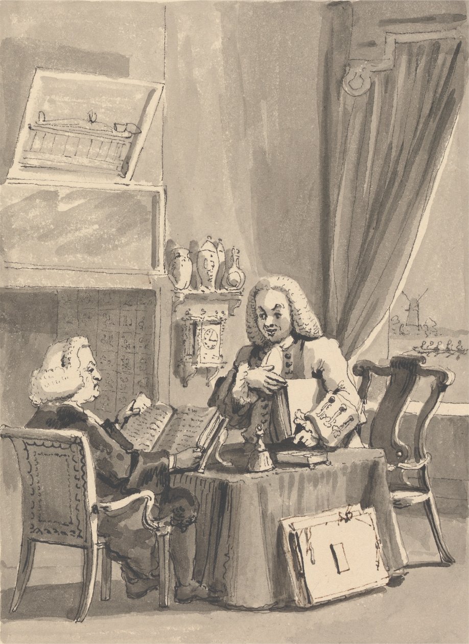 Hogarth požádá svého patrona biskupa Hoadleyho, aby se podíval na jeho MS. "Analýza krásy" od John Thomas Smith