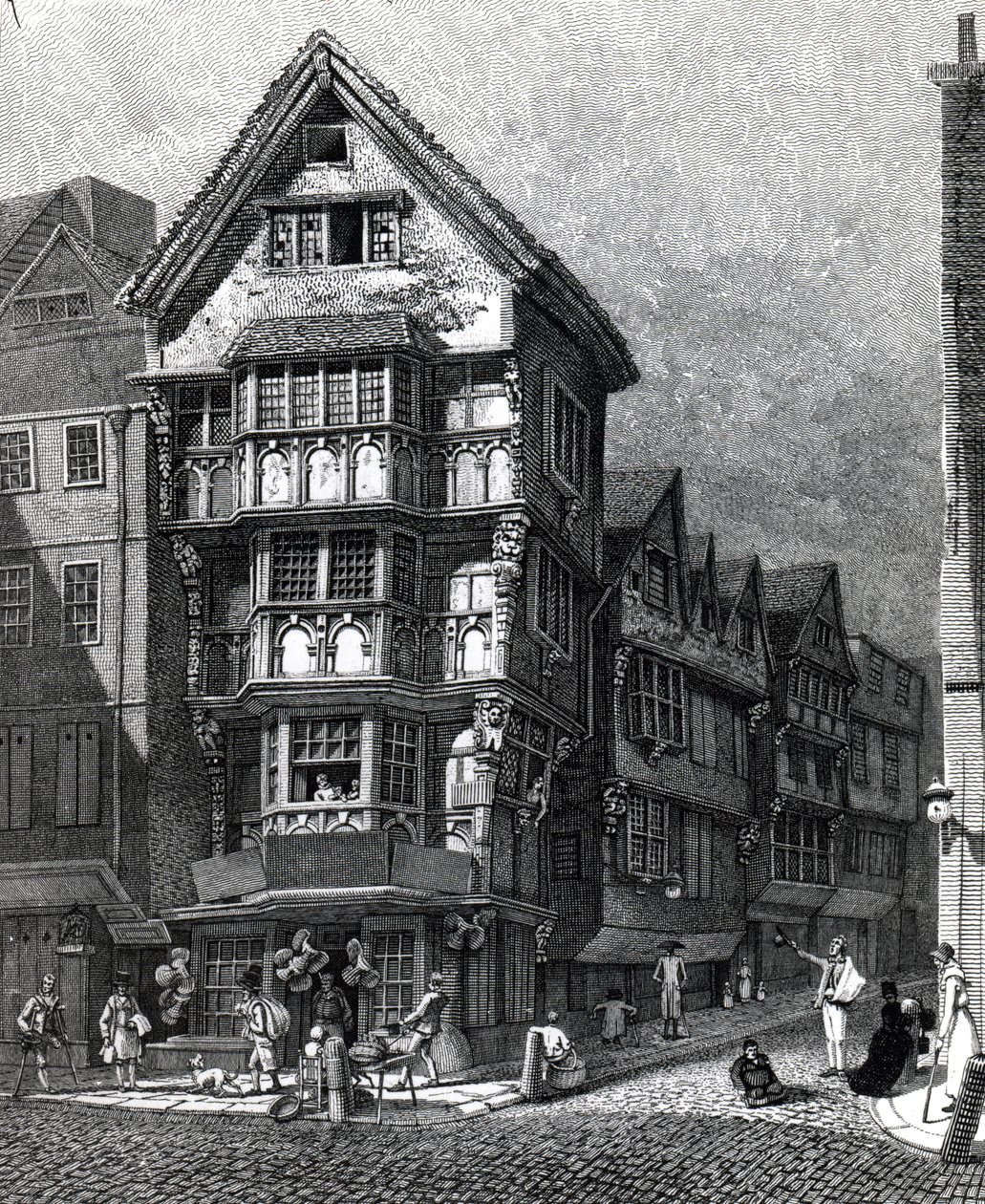 Domy v poslední době stojící na západním rohu Chancery Lane, Fleet Street, vydané v roce 1812 od John Thomas Smith