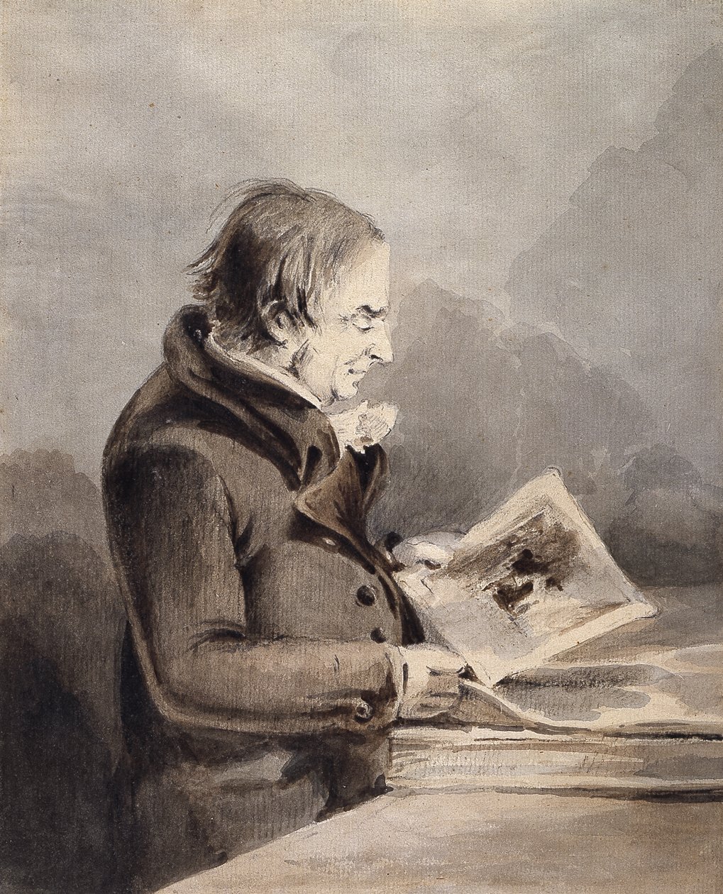 J.M.W. Turner v Britském muzeu (hnědý a šedý inkoust myje tužku na bílém papíře) od John Thomas Smith