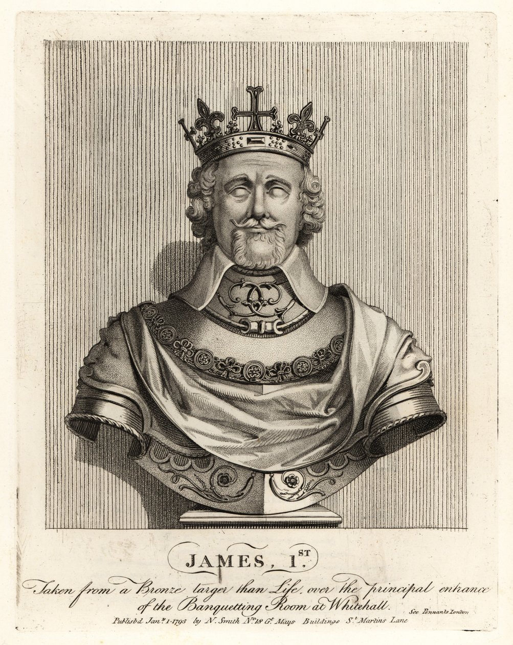 Anglický král Jakub I. sejmutý z bronzové busty nad vchodem do banketní místnosti ve Whitehallu od John Thomas Smith