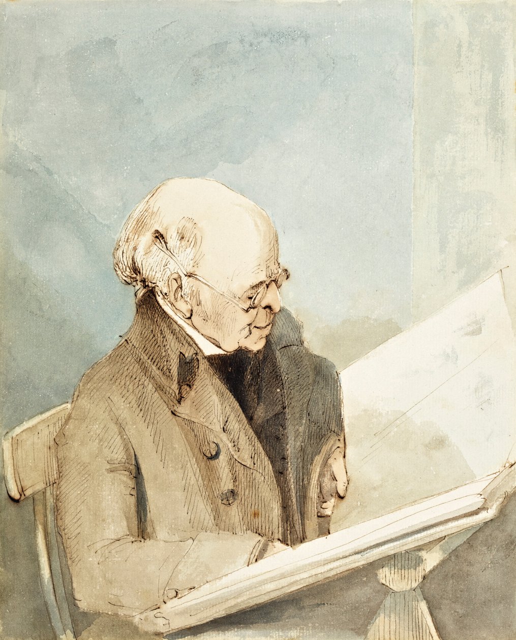 Pan Taylor, Haymanův žák, v tiskárně Britského muzea, kolem 1820 (wc, pero a inkoust na papíře) od John Thomas Smith