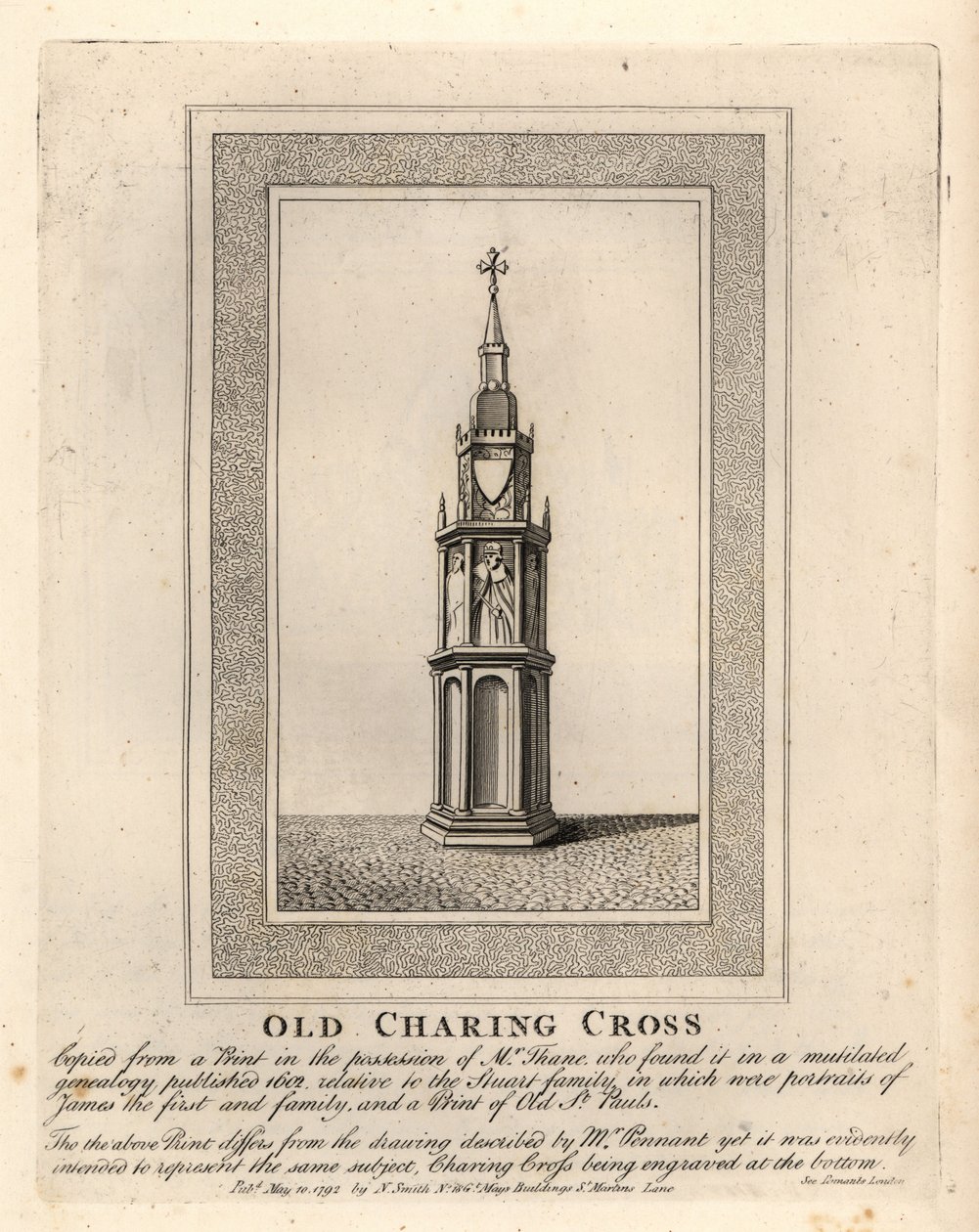 Old Charing Cross, jeden z 12 středověkých Eleanor Crossů, postavený v 90. letech 13. století až do jeho odstranění v roce 1647 od John Thomas Smith