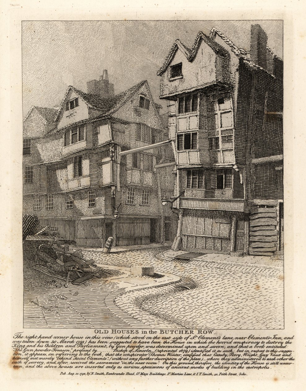 Staré domy v Butcher Row, Londýn Pravý rohový dům na St Clement’s Lane údajně používaný vůdci Gunpowder Plot od John Thomas Smith