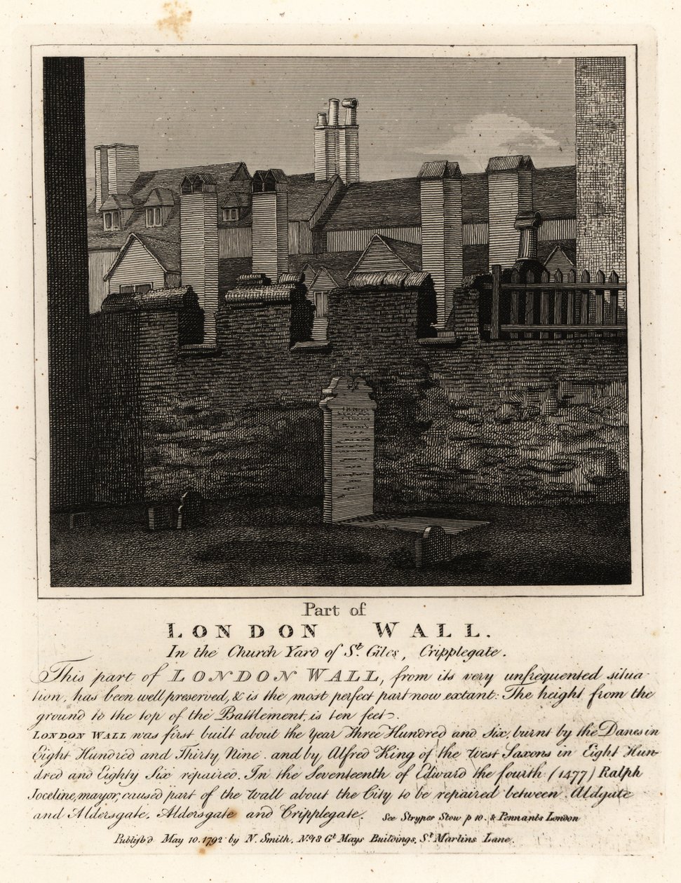Část starověké londýnské zdi na hřbitově St Giles, Cripplegate, Londýn od John Thomas Smith