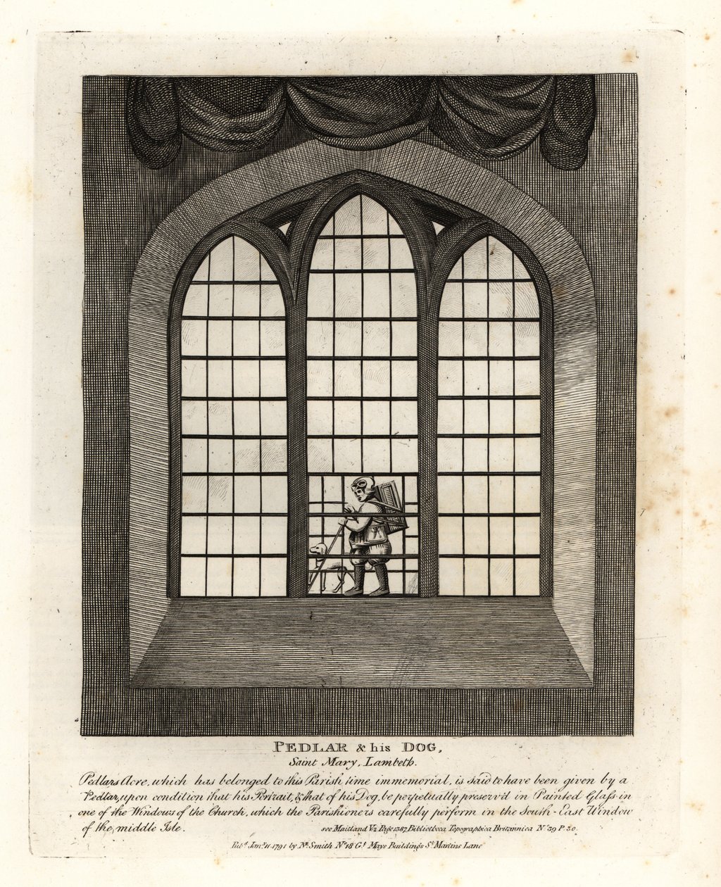 Pedlar a jeho pes ve vitrážovém okně kostela v Saint Mary-at-Lambeth od John Thomas Smith