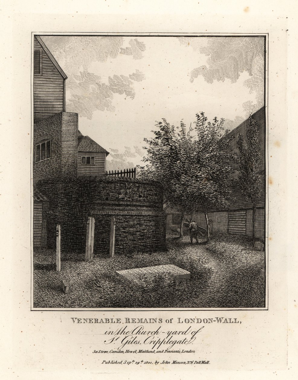 Pozůstatky římské londýnské zdi na hřbitově St Giles, Cripplegate od John Thomas Smith