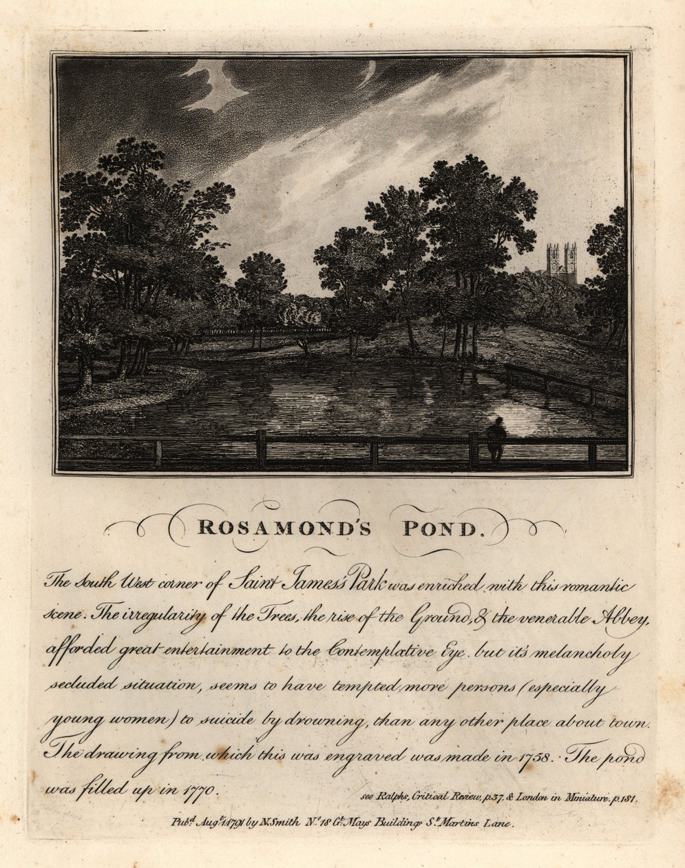 Rosamond’s Pond, St James’ Park, cca 1758 (zaplněno v roce 1770) od John Thomas Smith