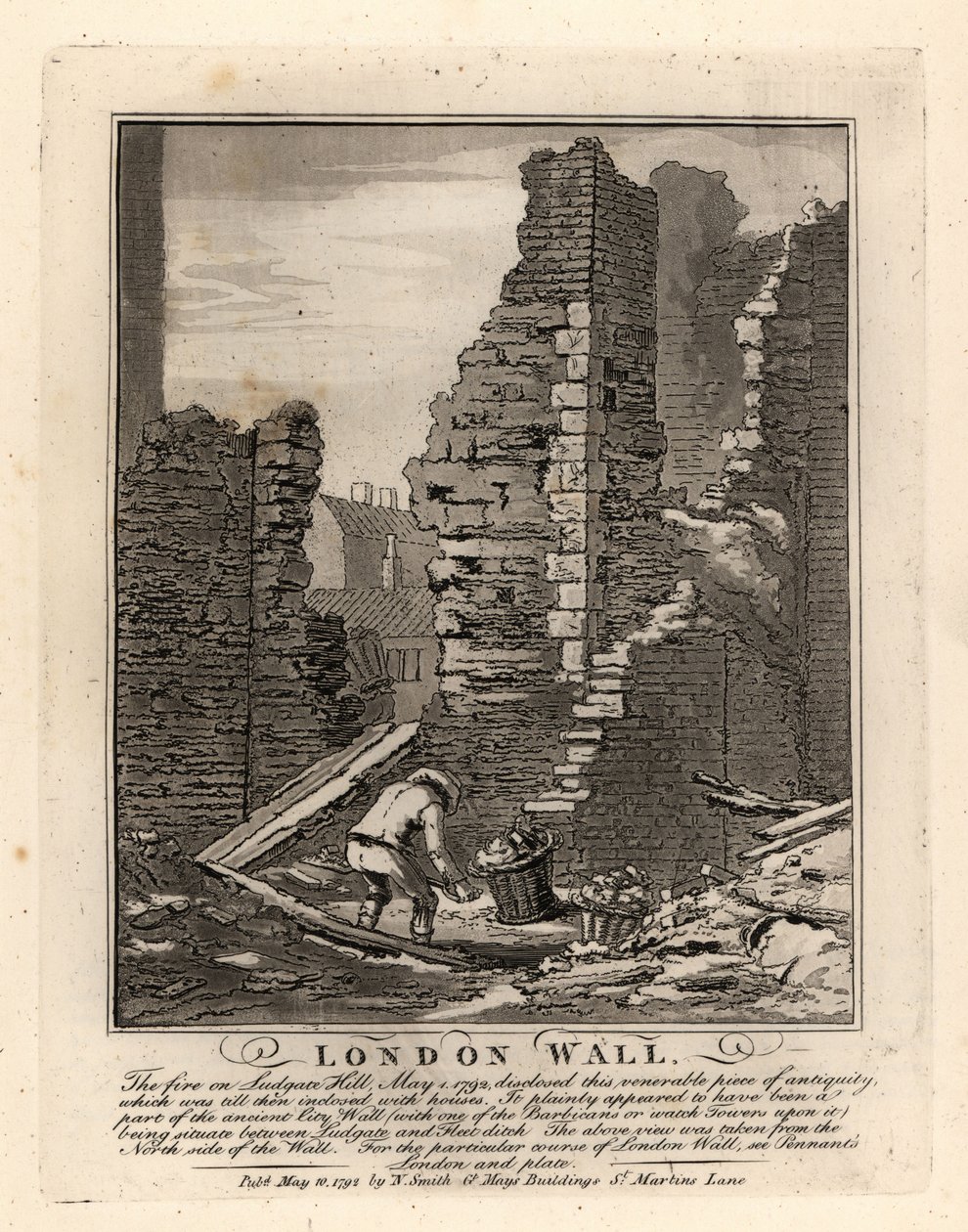 Ruiny římské londýnské zdi odhalené požárem z května 1792 na Ludgate Hill od John Thomas Smith