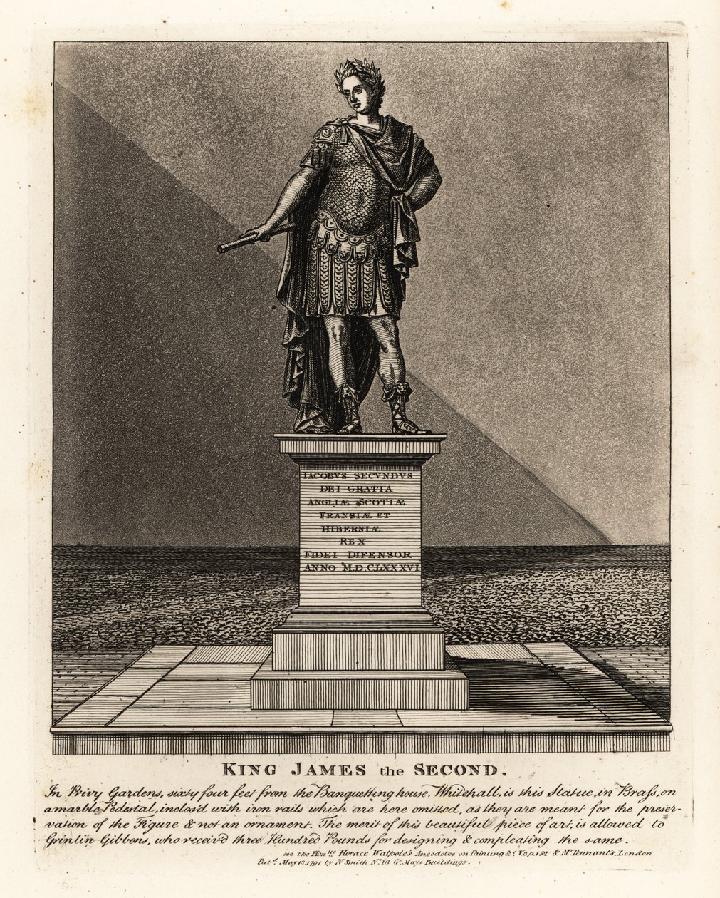 Socha anglického krále Jakuba II. v kostýmu římského císaře Jacobuse Seunduse, navržená Grinlinem Gibbonsem, v Privy Gardens od John Thomas Smith