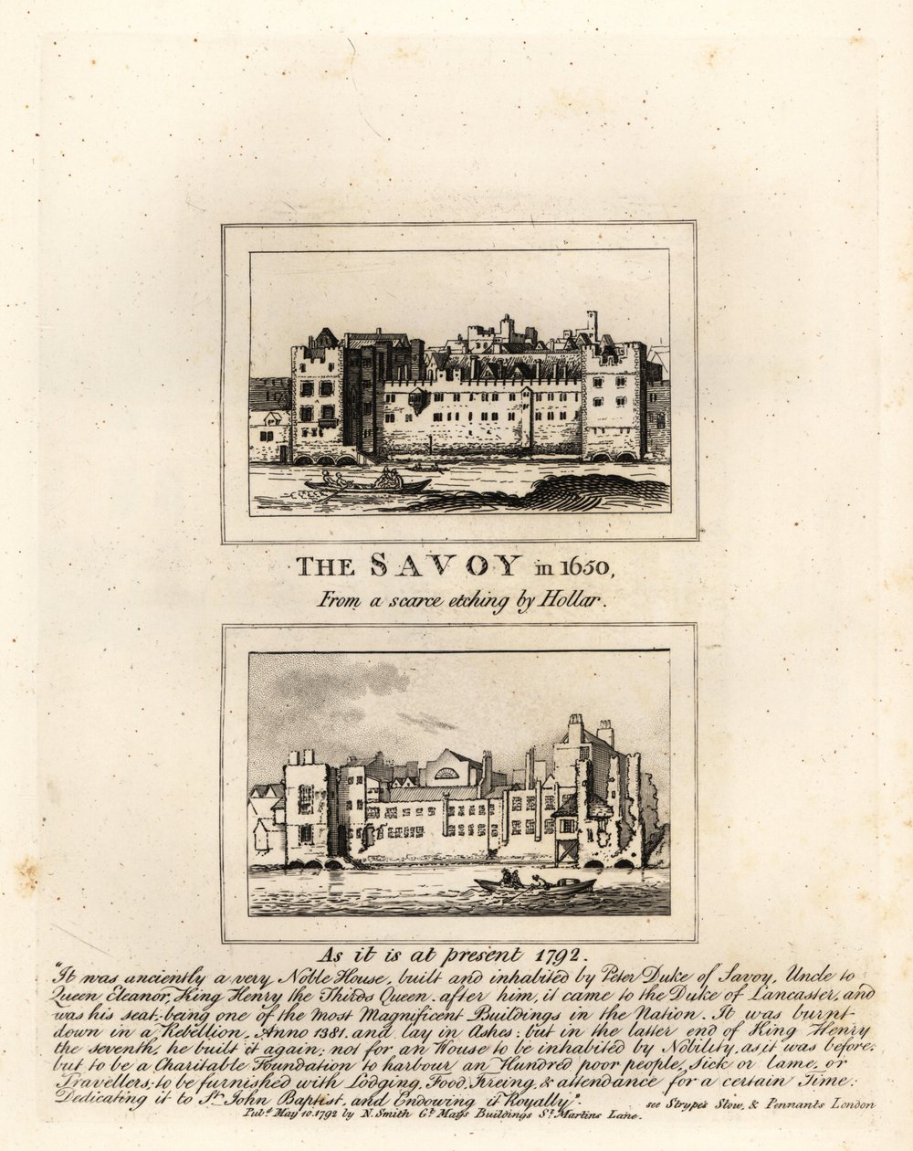 Savojská nemocnice v roce 1650 z tisku Václava Hollara a v ruinách v roce 1792 od John Thomas Smith
