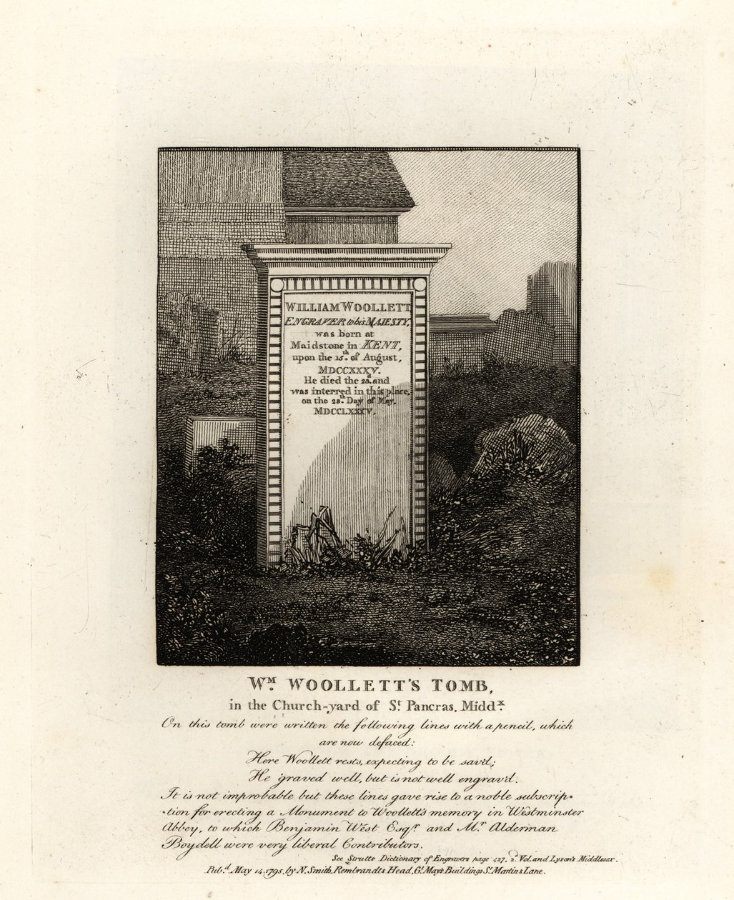 Hrob královského rytce Williama Woolletta, zemřel 1735, na hřbitově St Pancras, Middlesex od John Thomas Smith