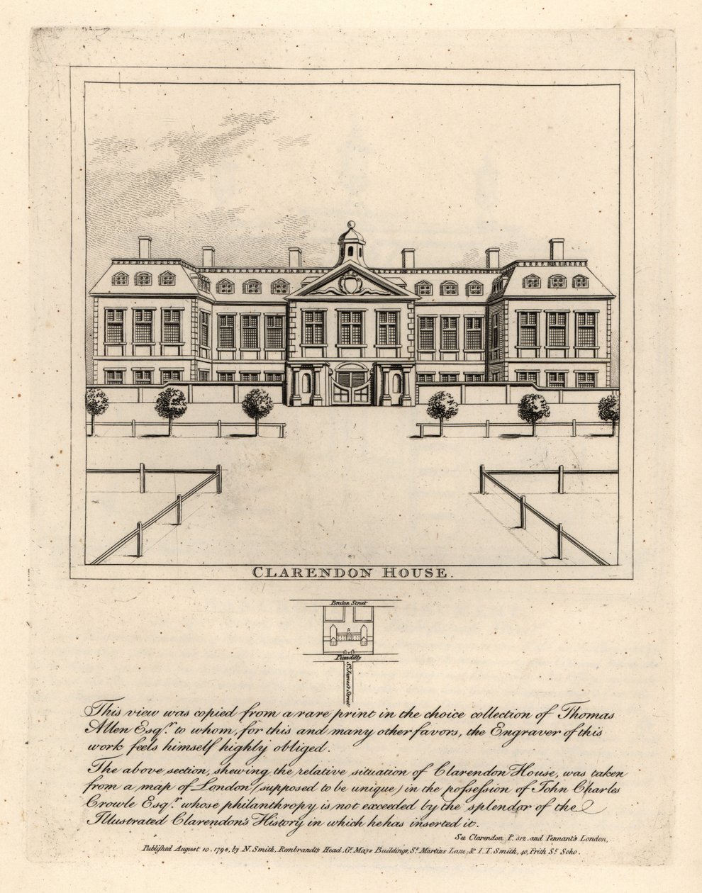 Pohled na Clarendon House ze St James’ Street, ze vzácného tisku ve sbírce Thmoase Allena od John Thomas Smith