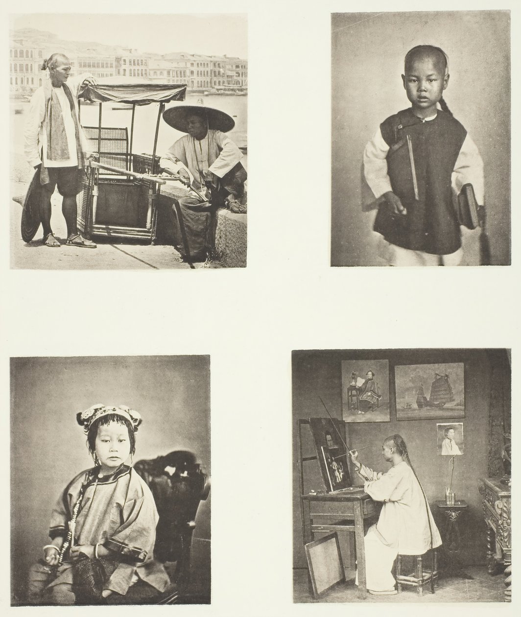 Hongkongské křeslo sedan, čínský školní chlapec, čínská dívka, hongkongský umělec, c. 1868. od John Thomson