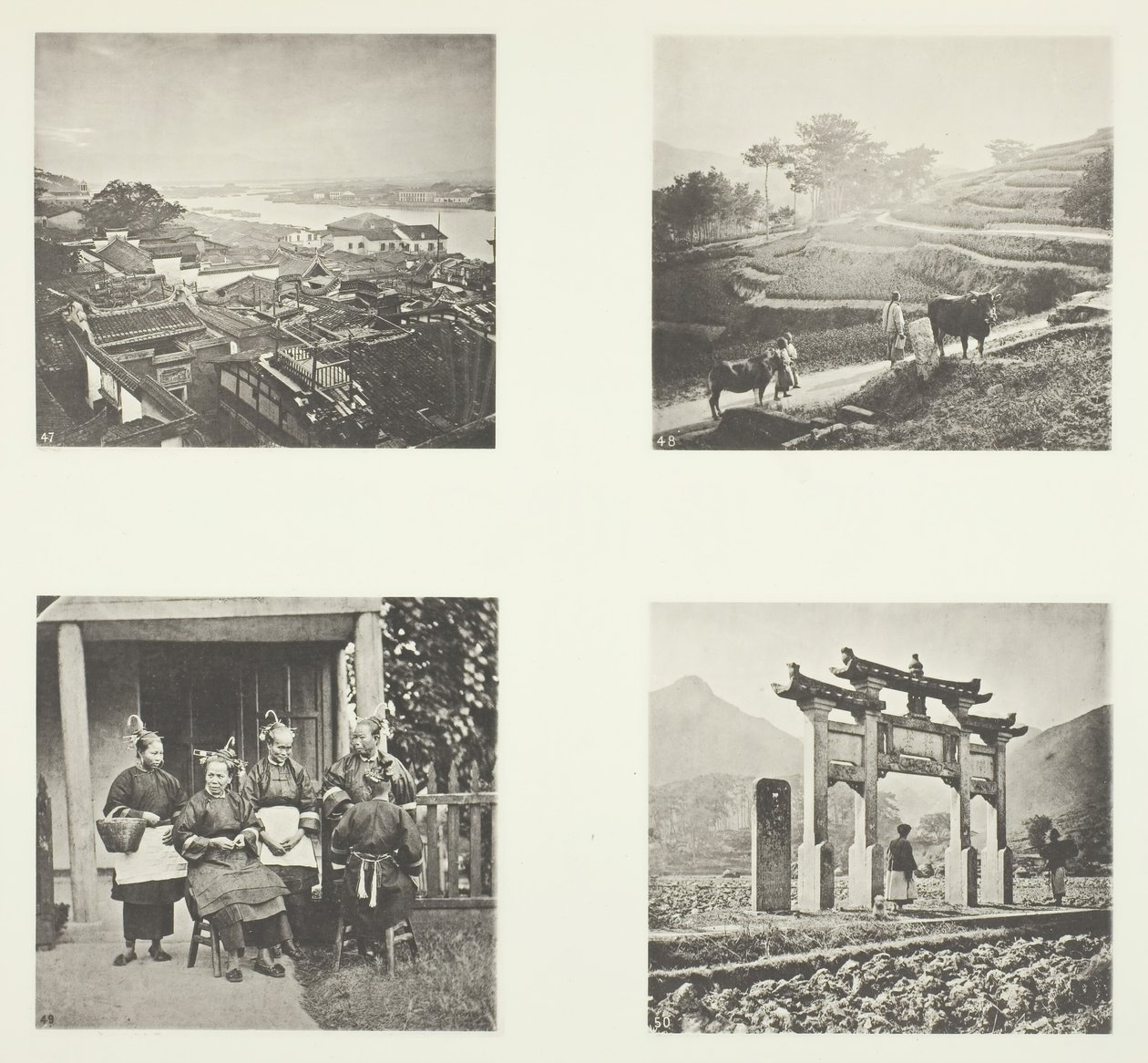 Část Foochow Foreign Settlement, Terracing Hills, Foochow Field Women, A Memorial Arch, c. 1868. od John Thomson