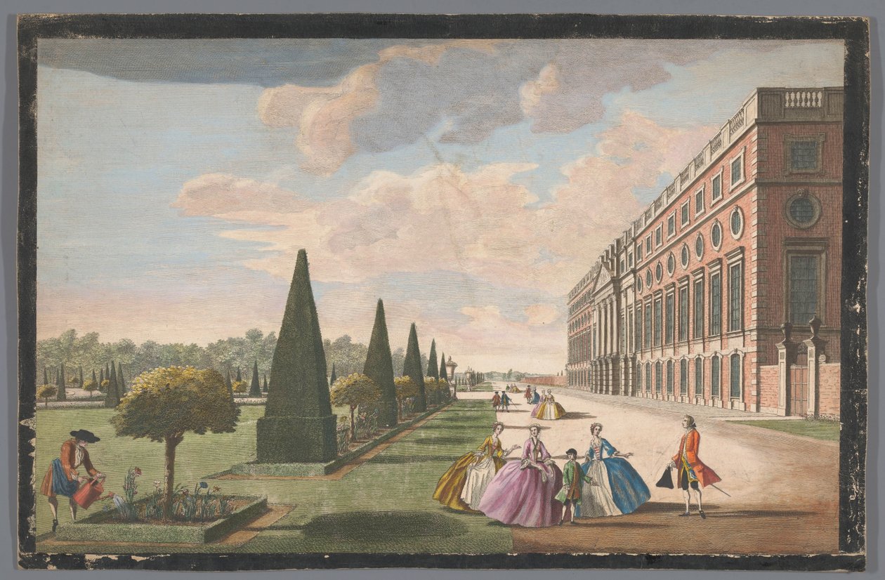Pohled na palác Hampton Court v Londýně při pohledu z východu Šikmý perspektivní pohled na východní frontu Hampton Court, s dlouhou procházkou a částí zahrady (nadpis na objektu) od John Tinney