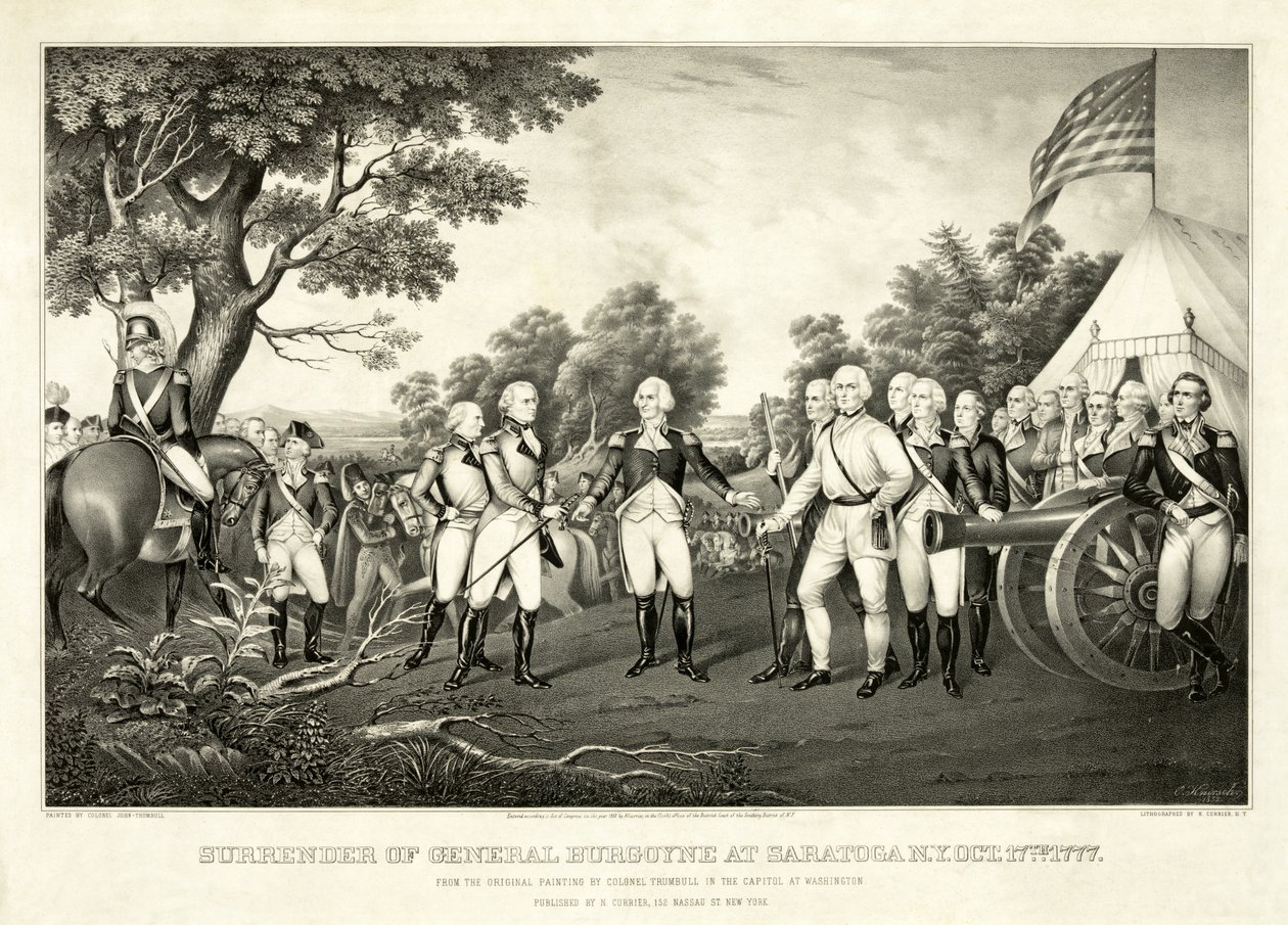Kapitulace generála Burgoyna v Saratoze, N.Y., 17. října 1777, pub. N. Currier od John Trumbull
