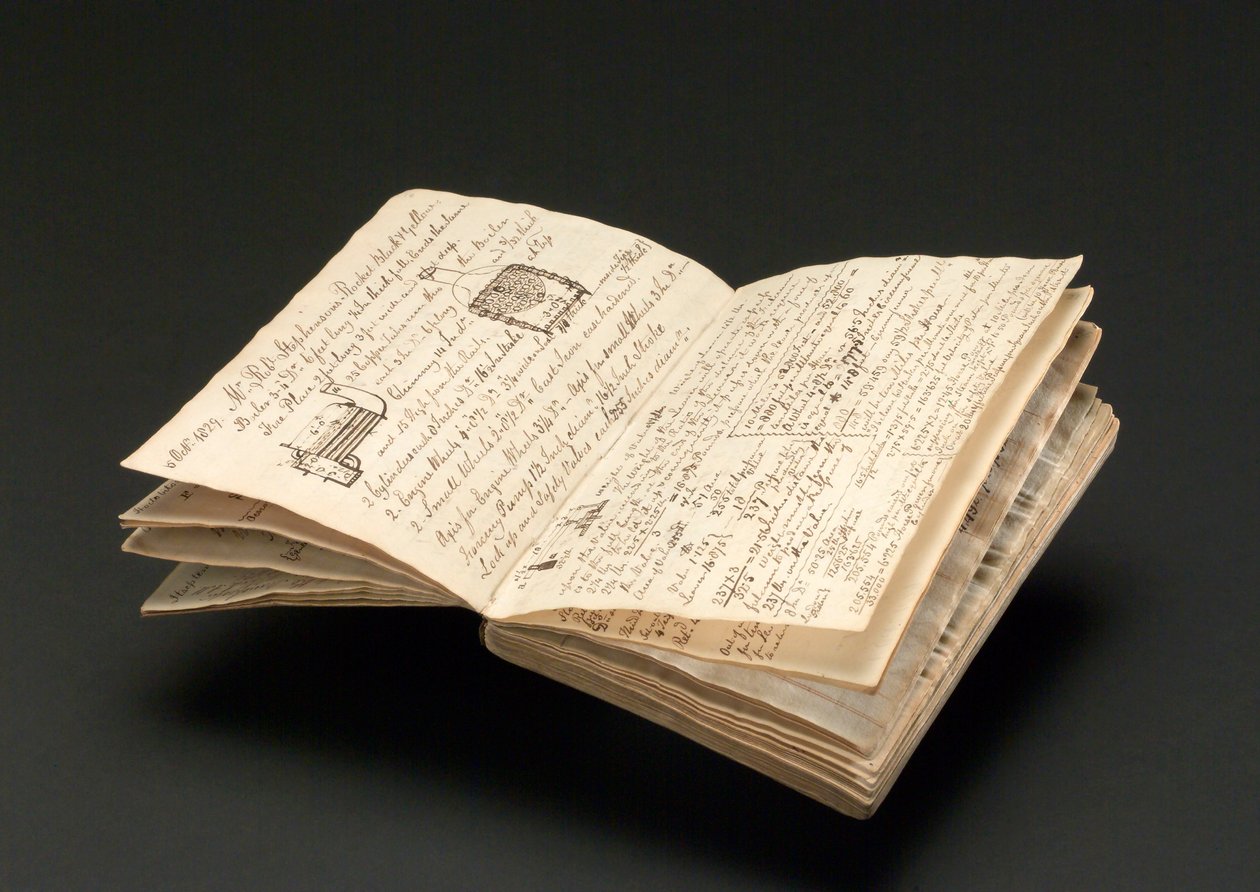 Notebook patřící Johnu Urpeth Rastrickovi, který byl použit k záznamu podrobností o zkouškách lokomotiv Rainhill v roce 1829 (pero a inkoust na papíře) od John Urpeth Rastrick