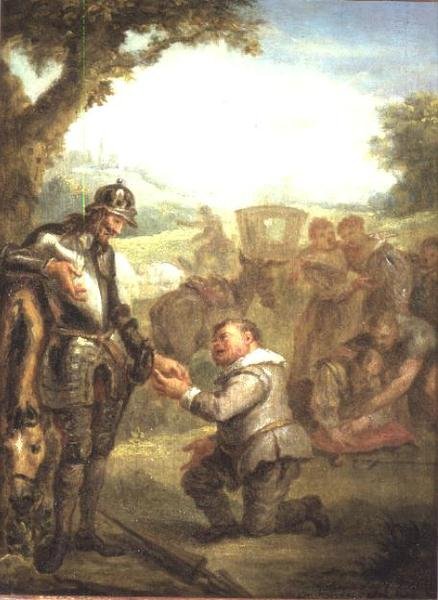 Don Quijote po souboji se statečným Biskajcem se opírá o svého koně Rosinante, zatímco Sancho Panchez žádá o místo guvernéra ostrova Barataria, scéna z Cervantesova „Dona Quijota“ (panel) od John Vanderbanck