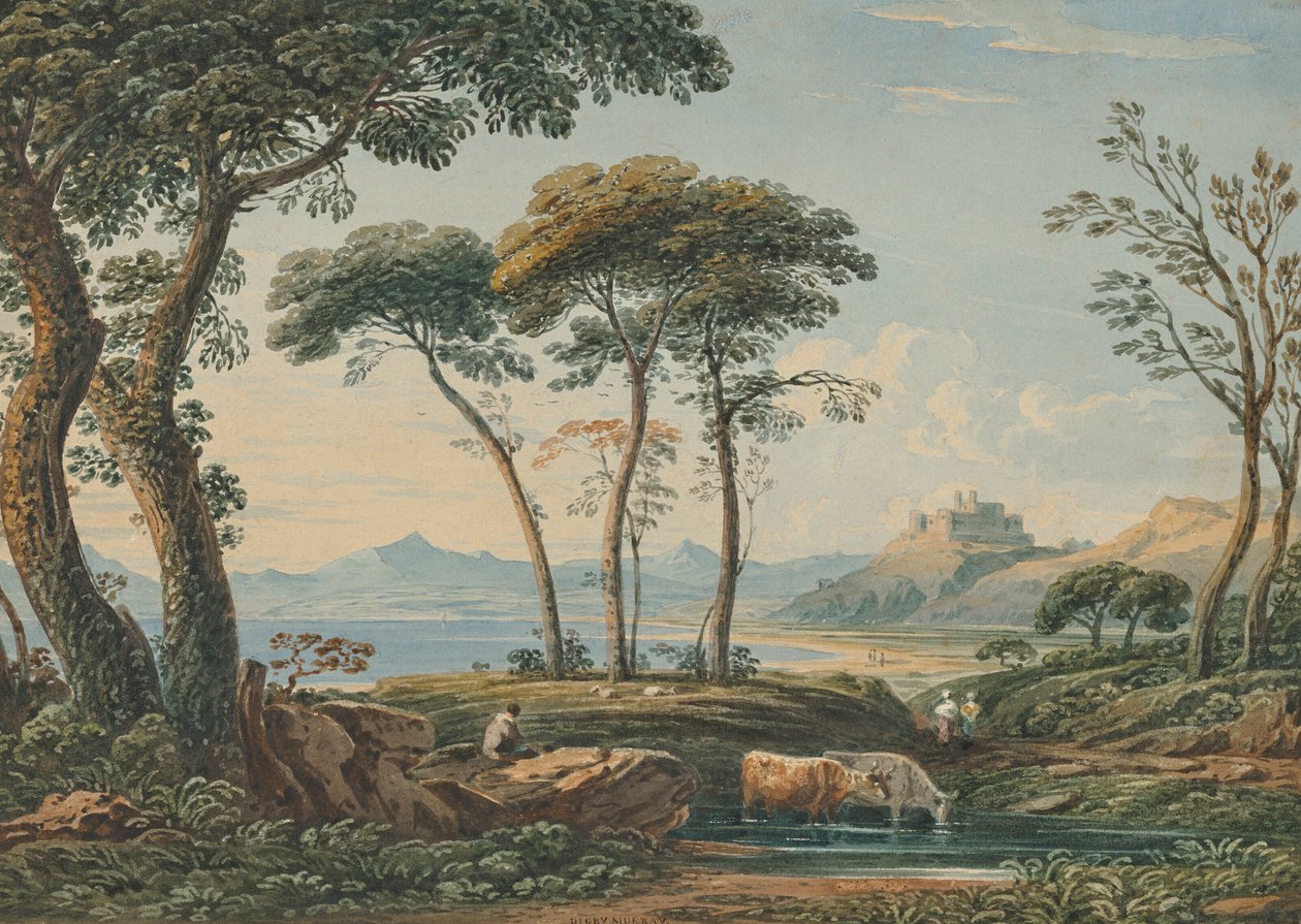 Pohled do dálky na hrad Harlech a Snowdon za ním, severní Wales od John Varley