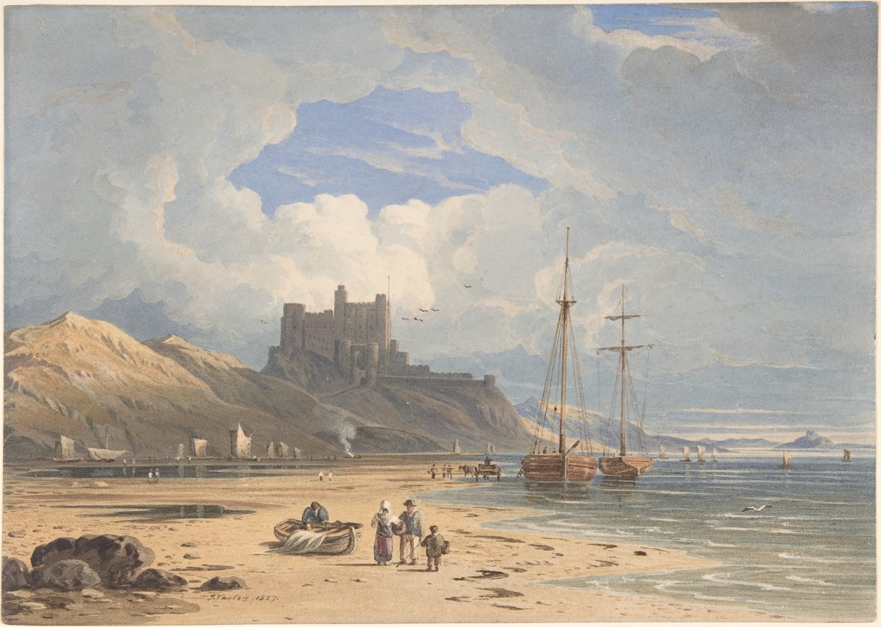 Hrad Bamborough od severovýchodu, s ostrovem Holy Island v dálce, Northumberland od John Varley