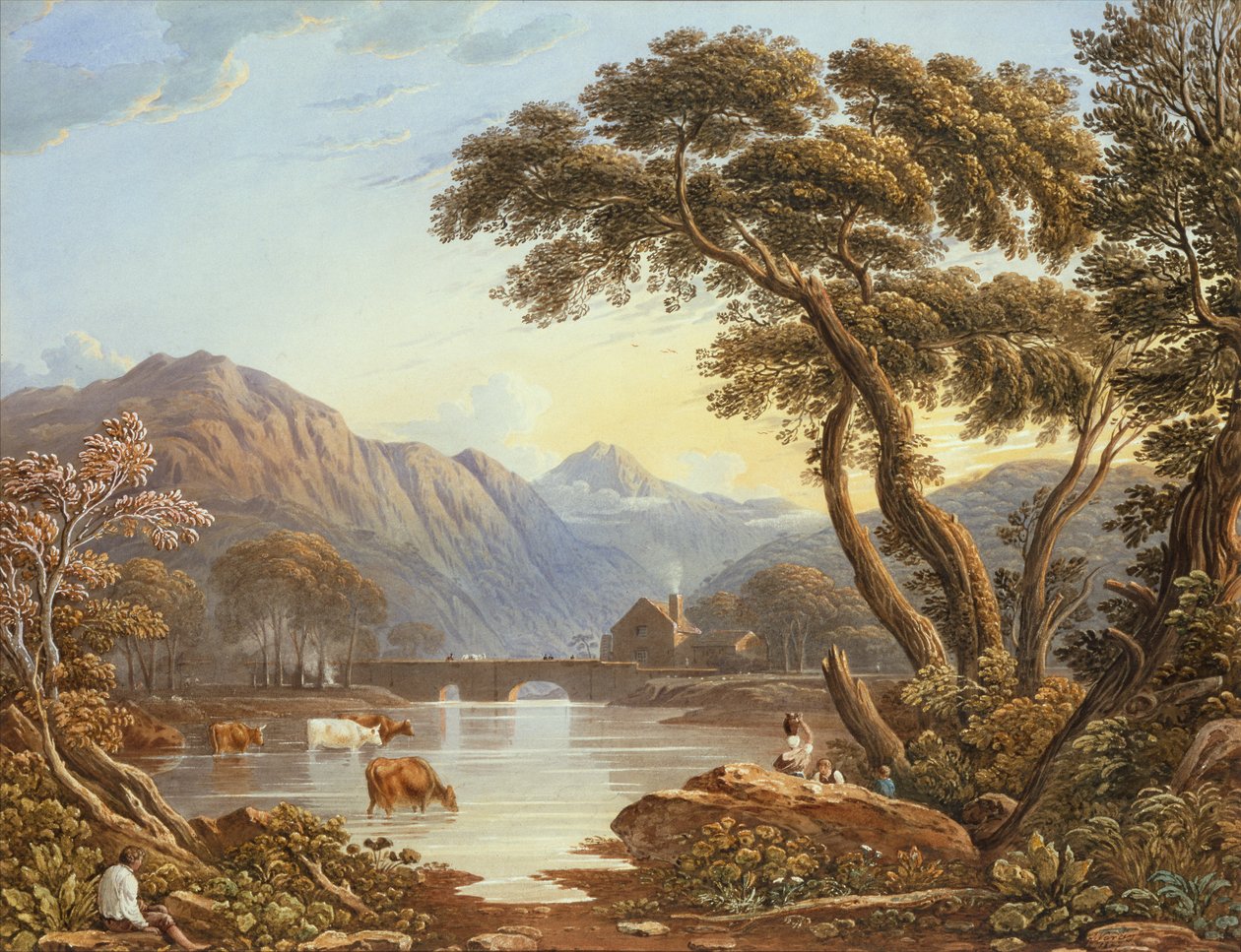 Beddgelert Bridge, Severní Wales (akvarel) od John Varley