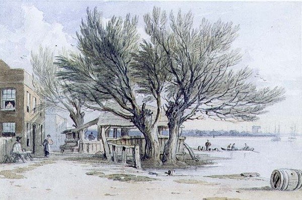 Budovy a Pollarded Trees na břehu Temže, Millbank (akvarel, tužka, pero a inkoust) od John Varley
