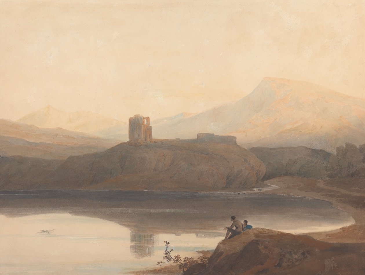 Jezero Llanberis s hradem Dolbadern od John Varley