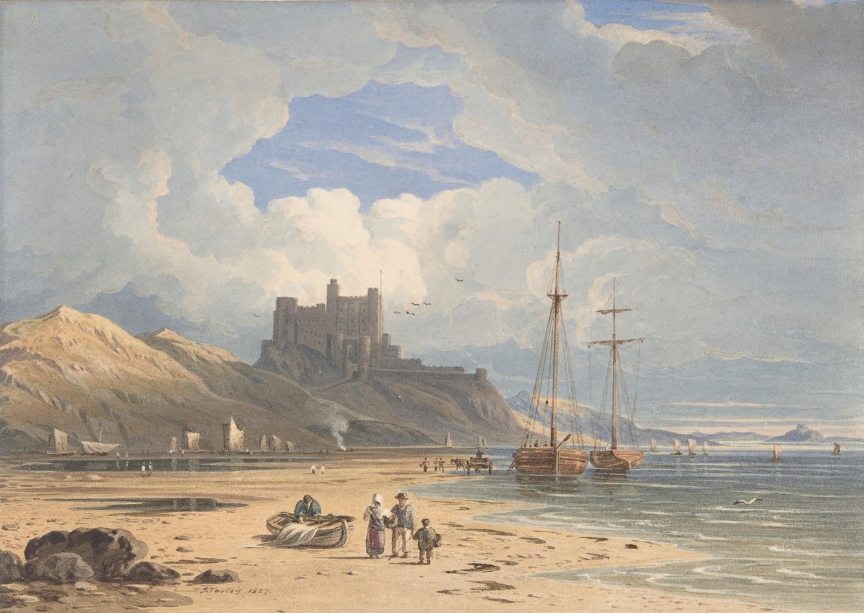 Hrad Bamborough ze severovýchodu, s Holy Island v dálce, Northumberland, 1827. od John Varley I