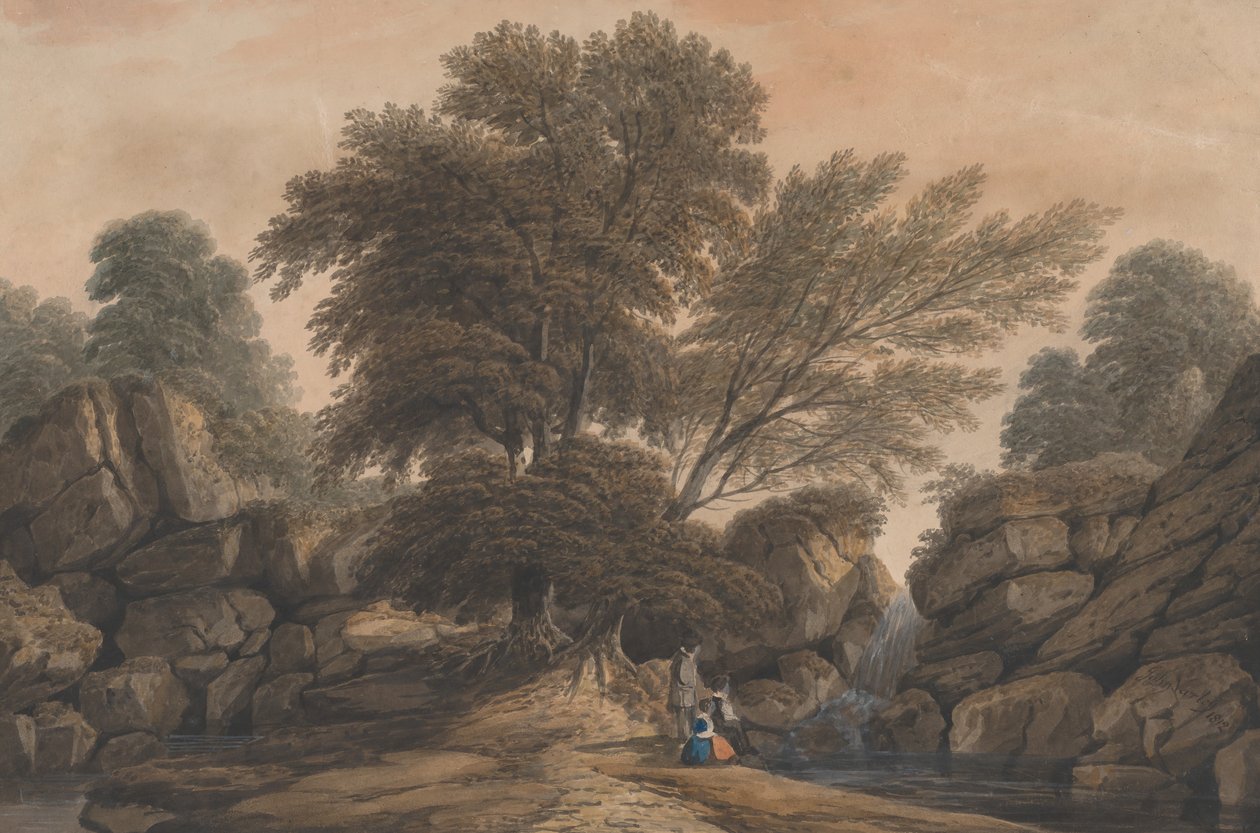 Figurky vedle vodopádu a jezírka v zalesněné krajině, 1812. od John Varley I