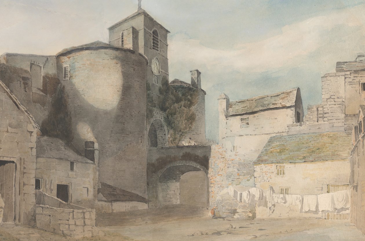 Opevněný vchod do velšského města Východní brána Caernarvonu, ca. 1802. od John Varley I